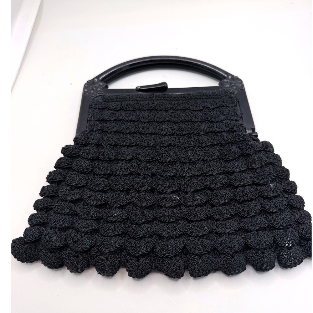 Unbranded Handbag Womens Small Black Vintage Crochet Cord Scalloped Bag